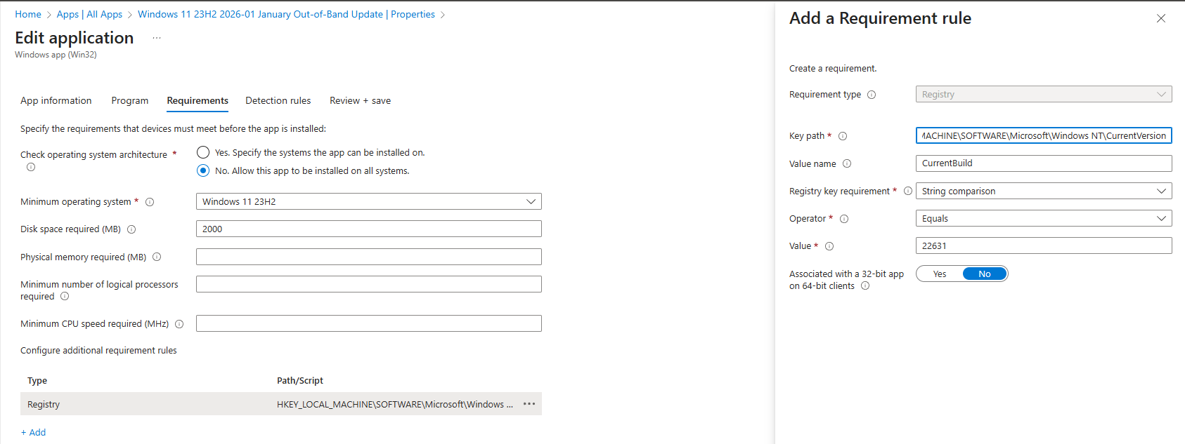 Requirement rule settings WindowsCatalog