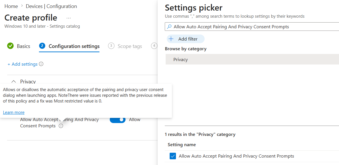 Intune policy for suppressing the SSO prompt Policy